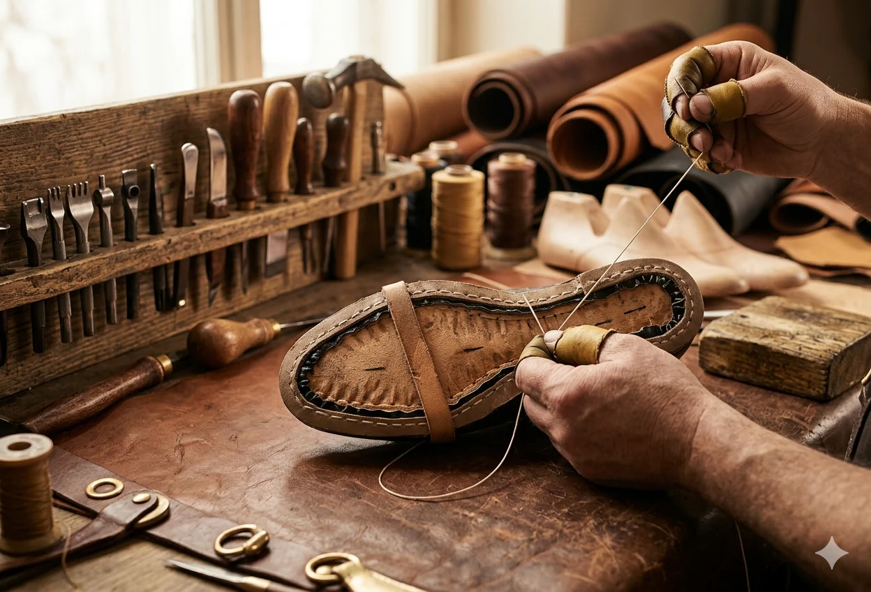 Bespoke leather shoe being handcrafted